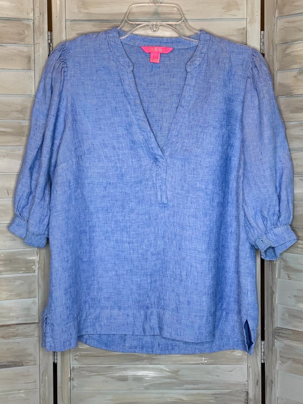 Lilly Pulitzer Mialeigh Linen Tunic Top Size 12 Puff Sleeve Beckon Blue EUC - Picture 4 of 9